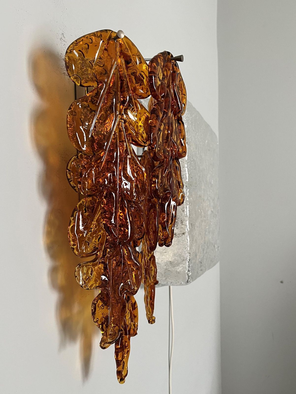 Italian Midcentury Pair Of Amber Murano Leaf Wall Sconces By Mazzega, 1970s photo buy