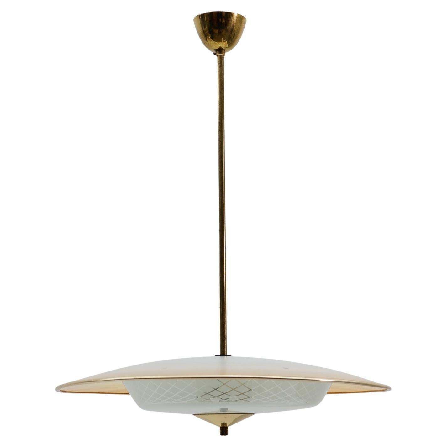 Beautiful Mid Century Modern Hanging Lamp In Glass And Brass, 1950s