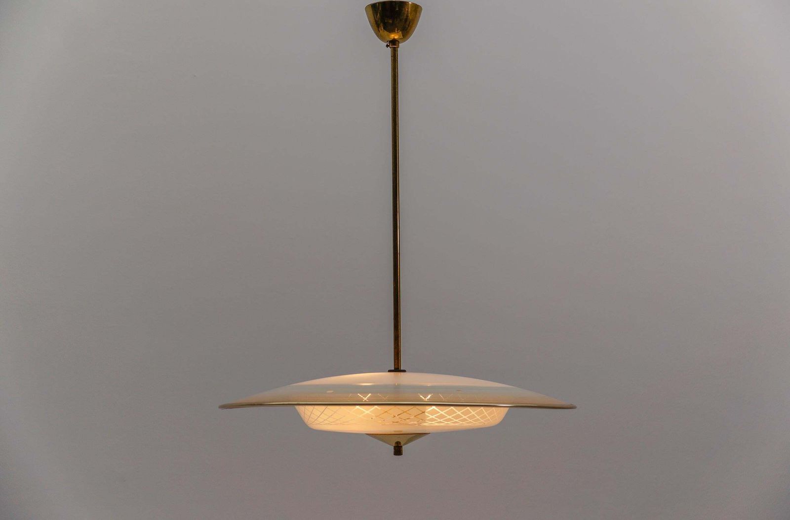 Beautiful Mid Century Modern Hanging Lamp In Glass And Brass, 1950s photo Lighting