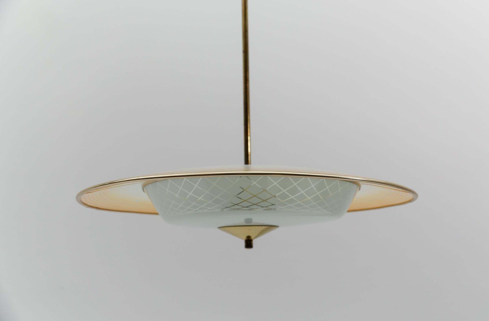 photo furniture Beautiful Mid Century Modern Hanging Lamp In Glass And Brass, 1950s
