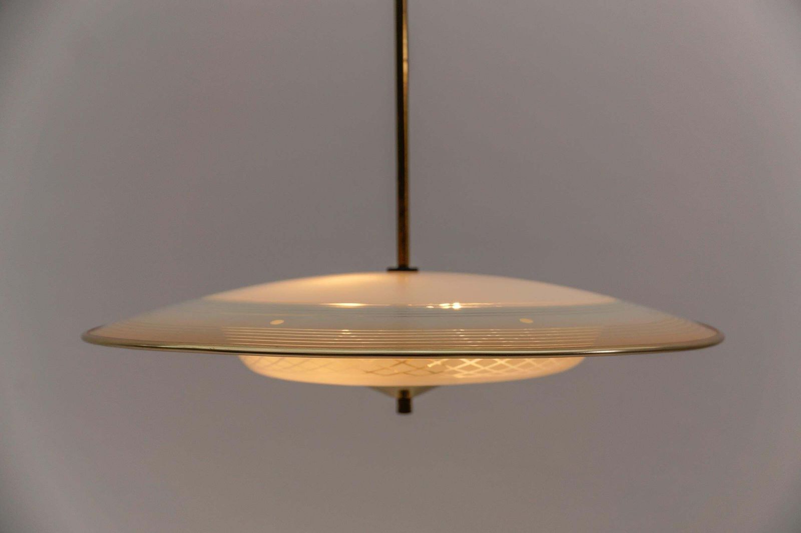 photo buy Beautiful Mid Century Modern Hanging Lamp In Glass And Brass, 1950s