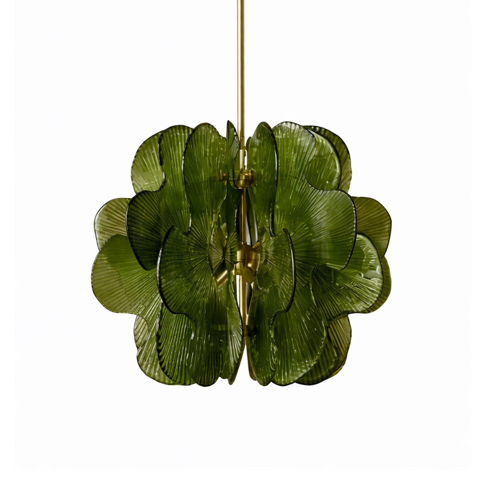Midmodern Style Italian Brass Pendant Lamps With Bright Green Murano Glass Slabs photo for sale