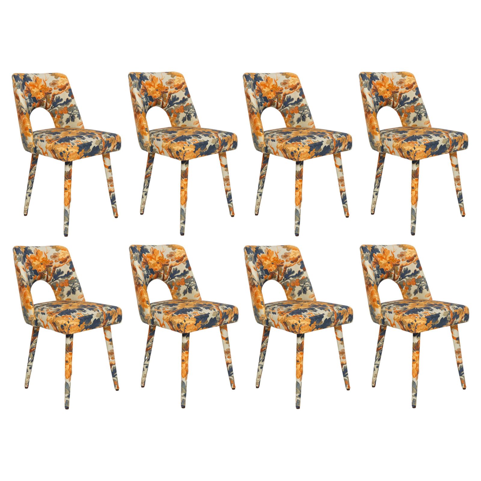 Eight Mid Century Shell Chairs, Fontainebleau Printed Linen By Pierre Frey, 1960