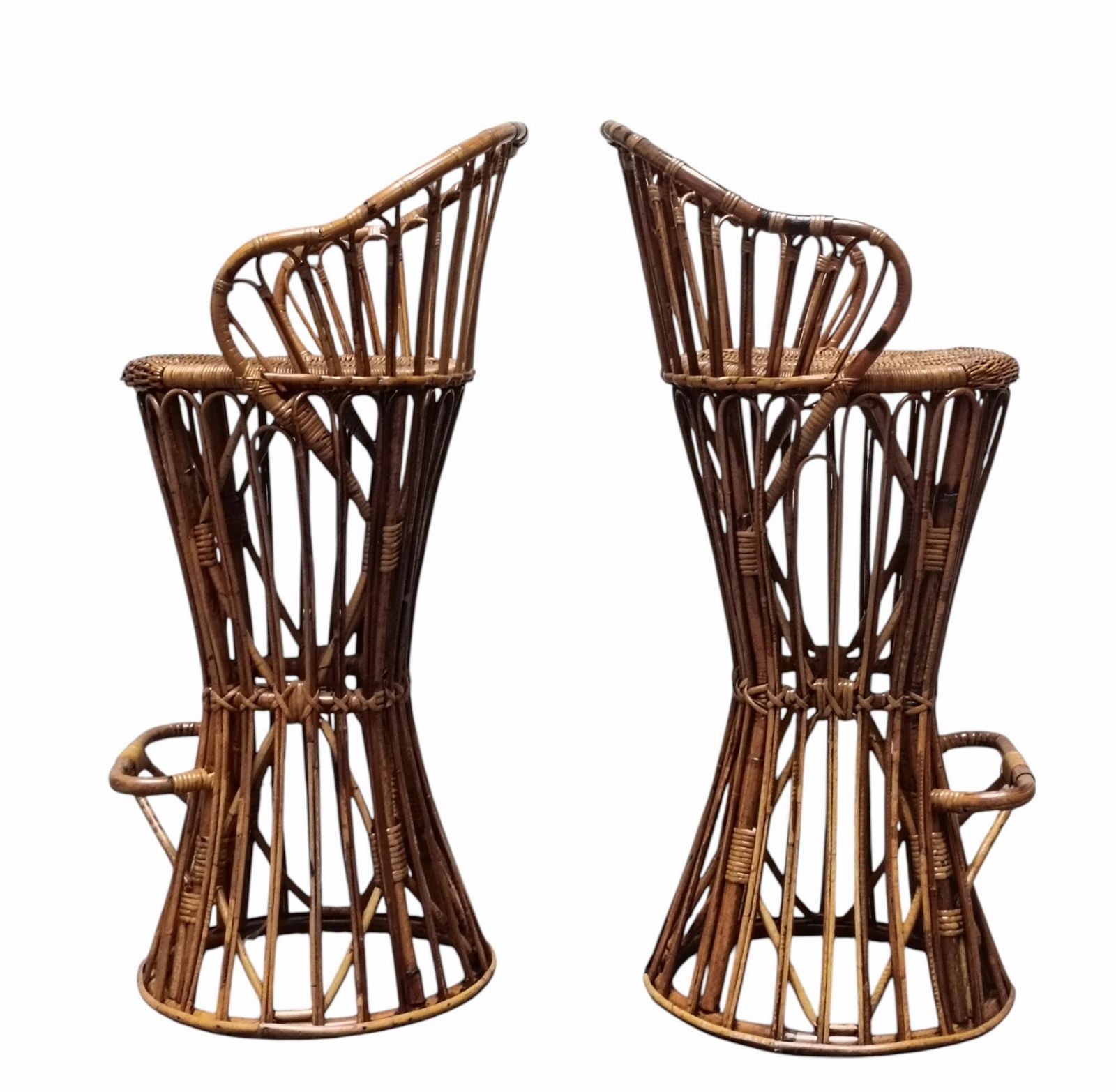 Tito Agnoli Style Pair Of Woven Rattan Stools, Italy 1960s photo for sale