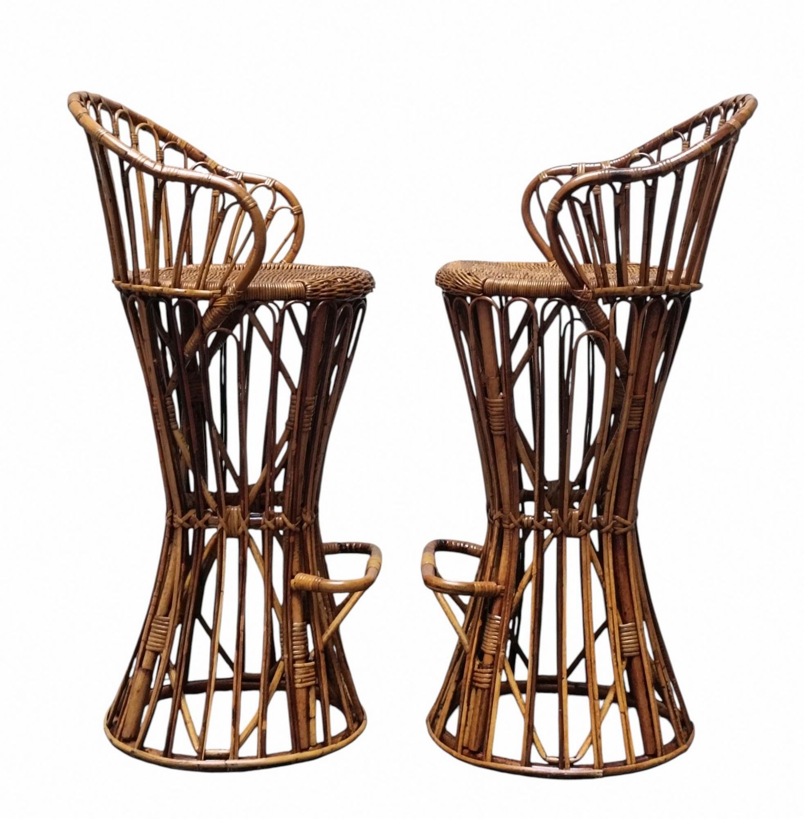 Tito Agnoli Style Pair Of Woven Rattan Stools, Italy 1960s photo Furniture