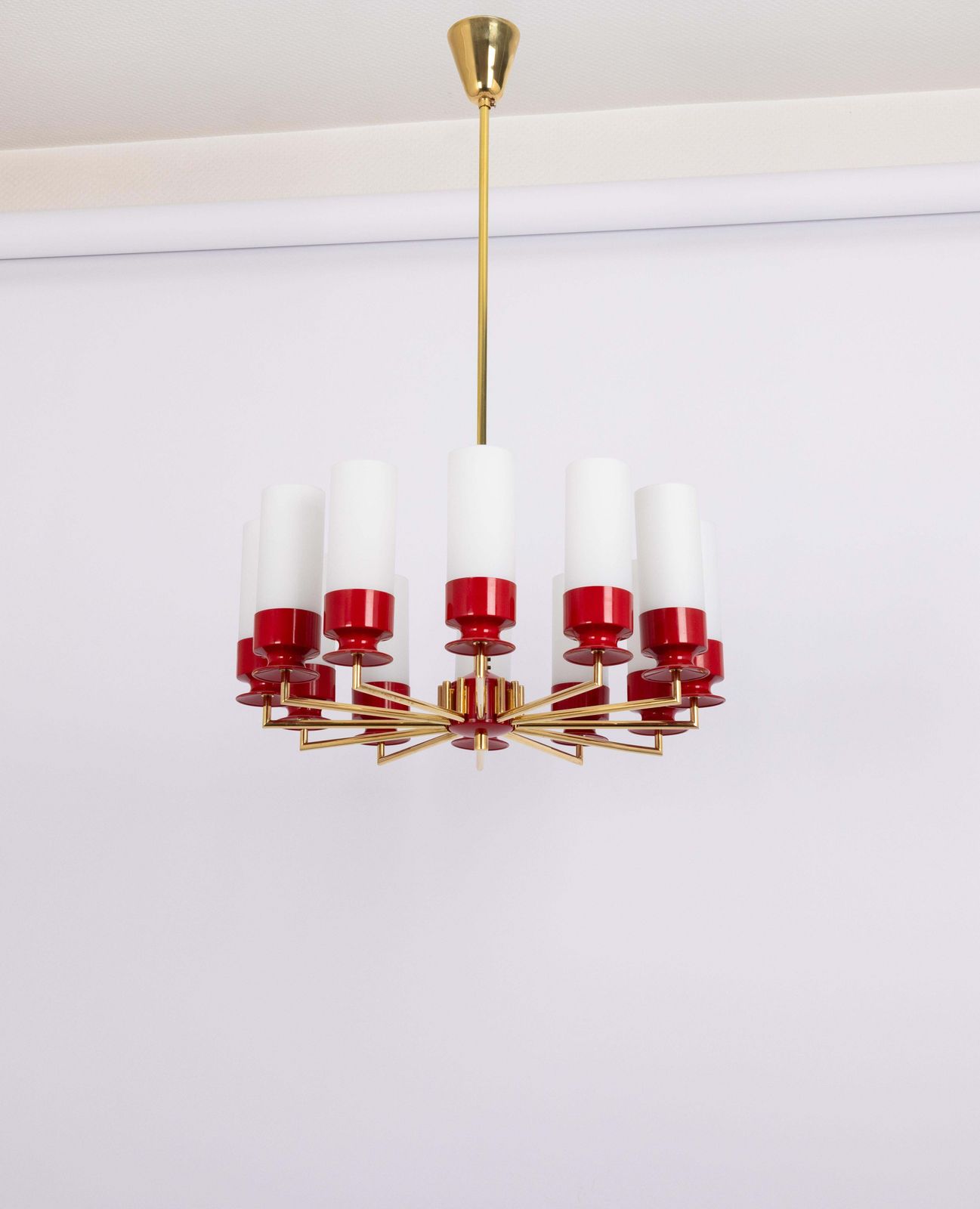Large Stunning Kaiser Red Sputnik Opal Glass Chandelier, Germany, 1960s photo furniture