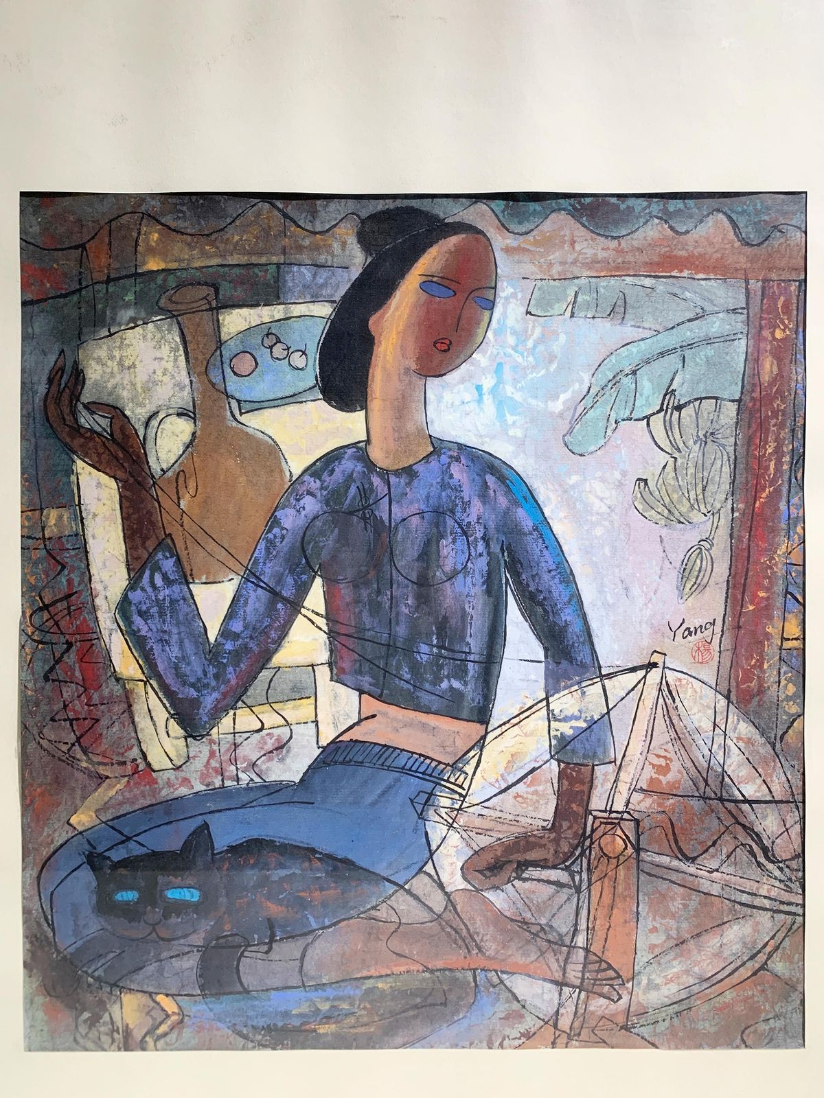 "The Weaver’s Companion" Mixed Media Painting Signed "Yang", Circa 1990's photo for sale