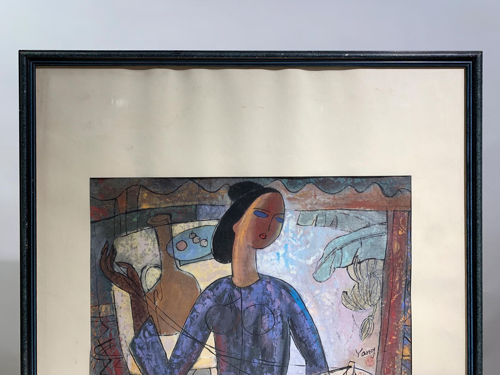 "The Weaver’s Companion" Mixed Media Painting Signed "Yang", Circa 1990's photo Art