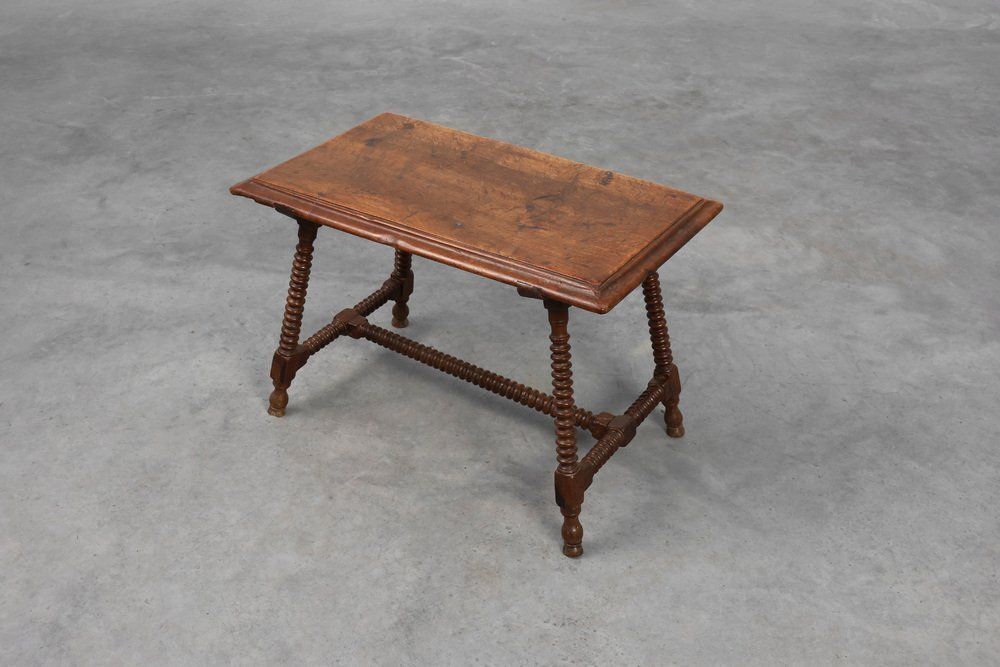 Antique 17th Century Oak Side Table With Turned Legs And Stretcher Base, Spain photo for sale