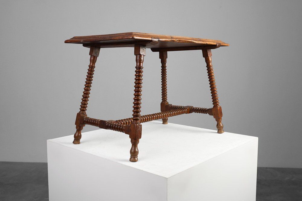 photo for sale Antique 17th Century Oak Side Table With Turned Legs And Stretcher Base, Spain