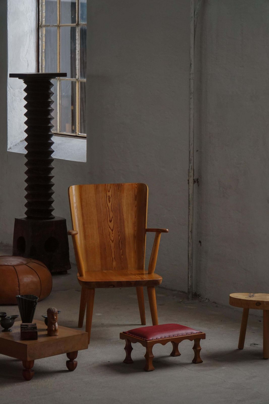 Danish, Mid 20th Century, Carved Oak Footstool With Red Leather Seat, 1950s photo furniture