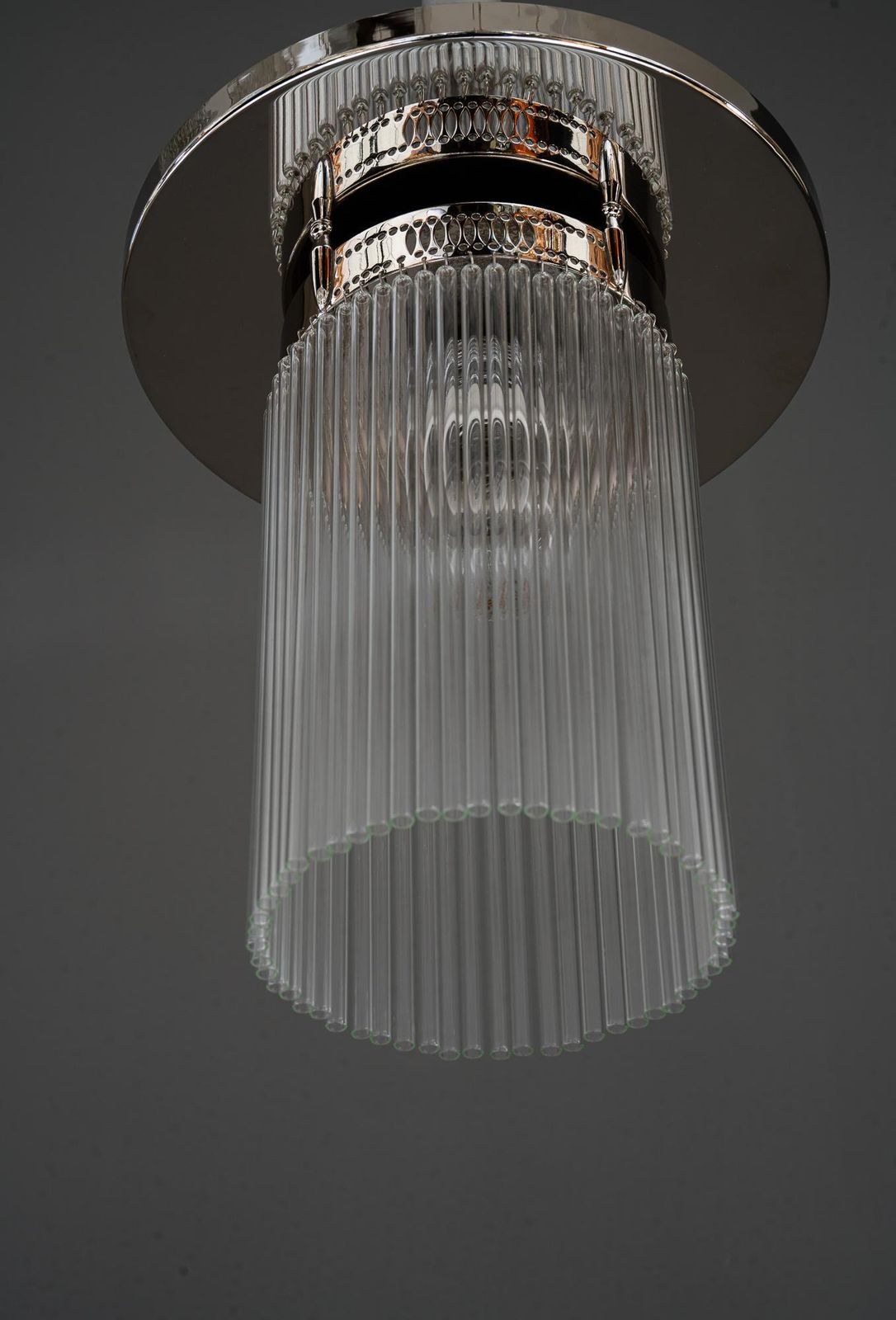 Art Deco Nickel Plated Ceiling Lamp With Glass Sticks Vienna Around 1920s photo vinterior