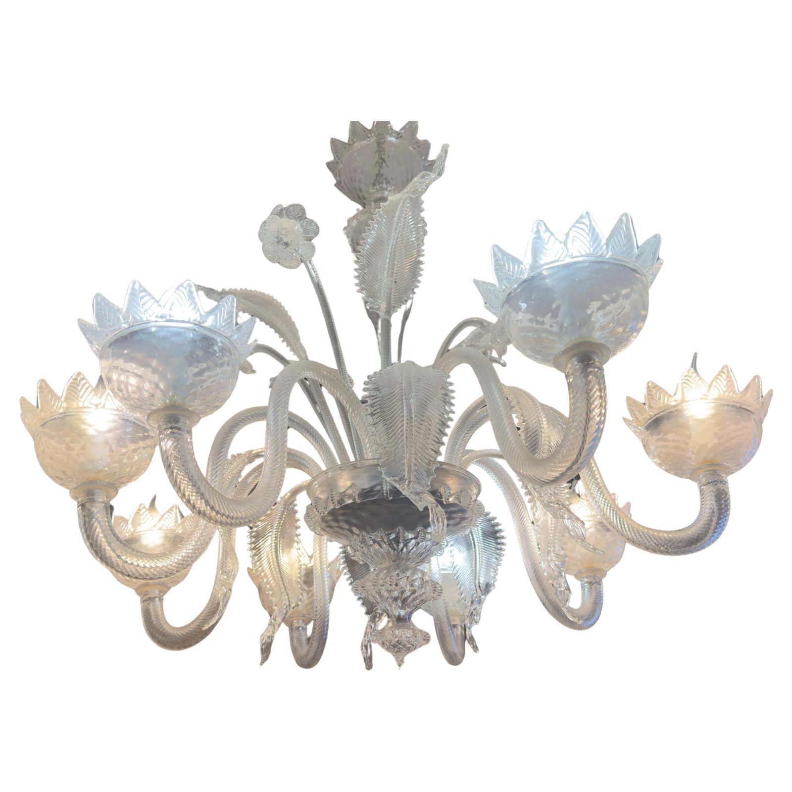 Large Murano Clear Blown Glass With Flowers And Leaves Murano Chandelier