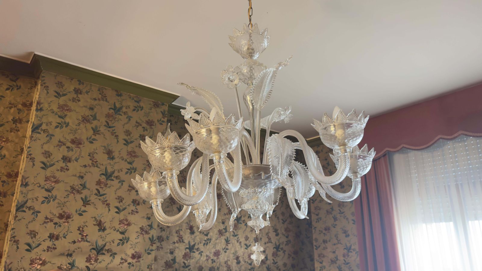 Large Murano Clear Blown Glass With Flowers And Leaves Murano Chandelier photo 3449.0