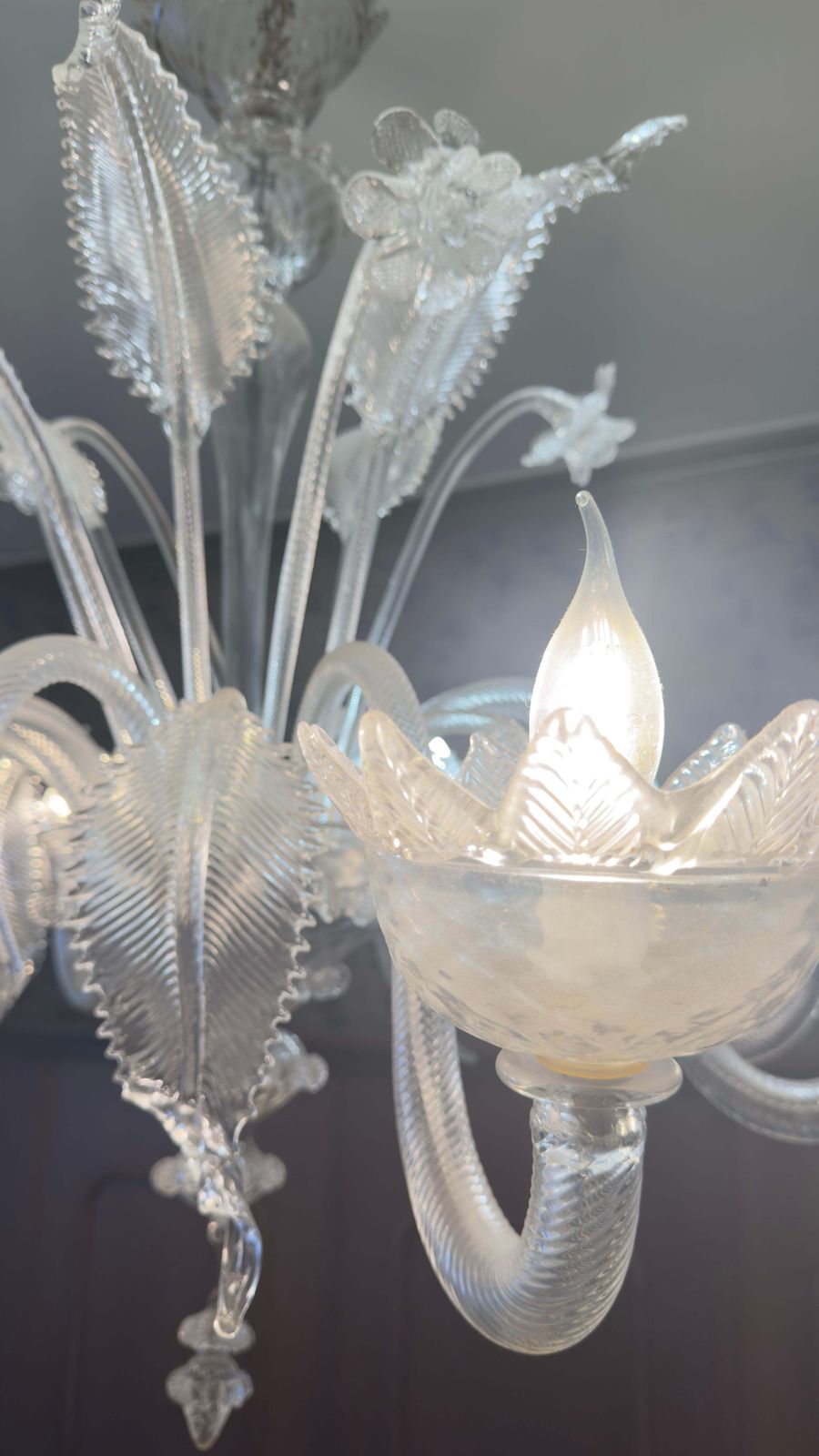 photo for sale Large Murano Clear Blown Glass With Flowers And Leaves Murano Chandelier