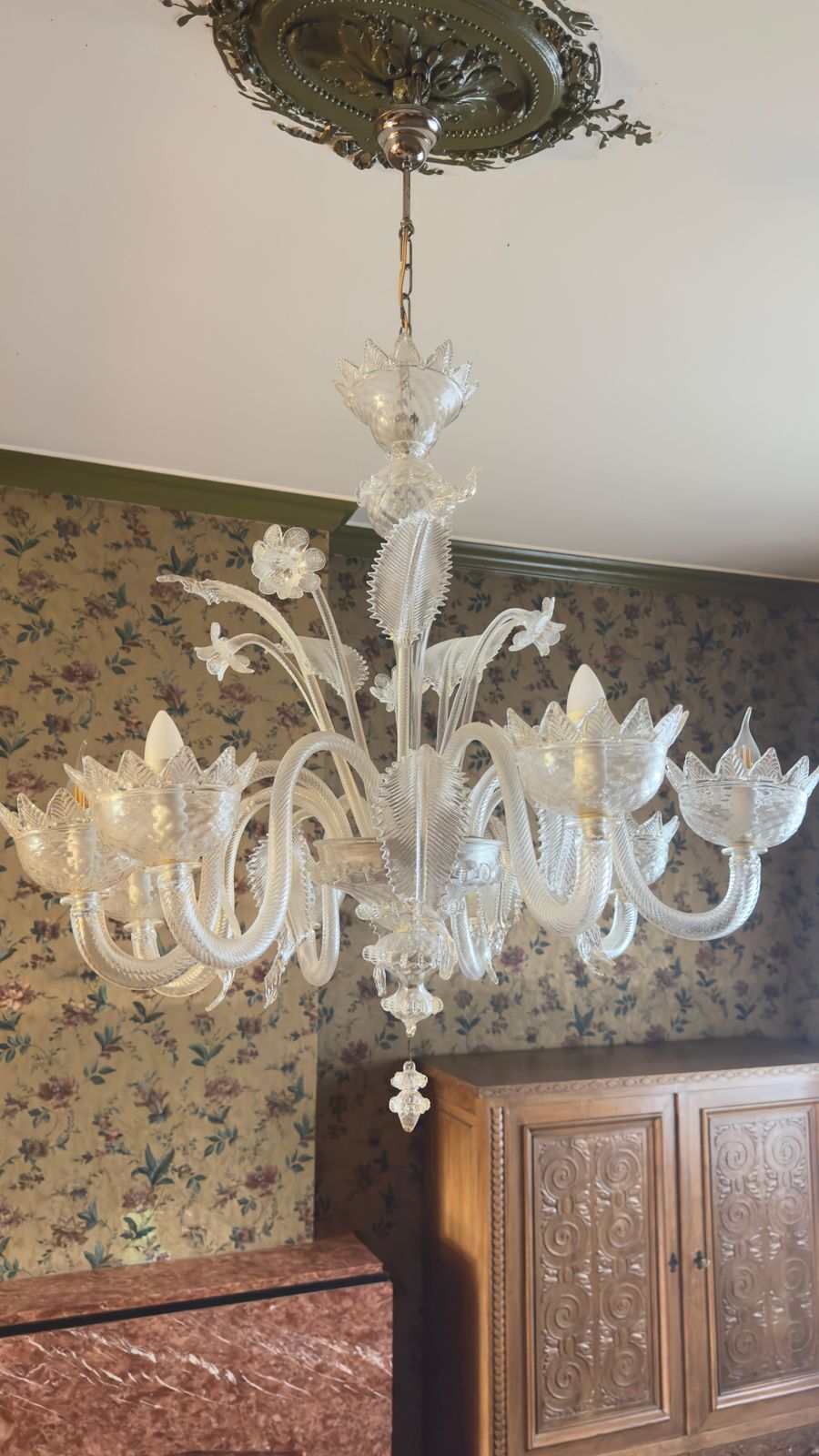 photo vinterior Large Murano Clear Blown Glass With Flowers And Leaves Murano Chandelier