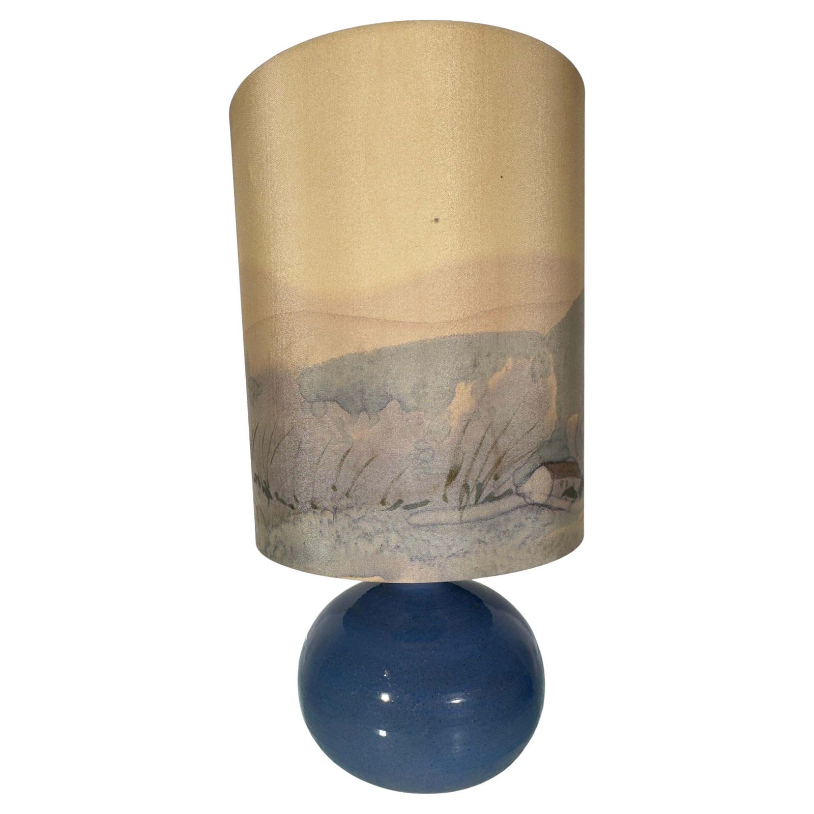 Set Of Two Table Lamps With Silk Landscape Shades, 1970s photo for sale