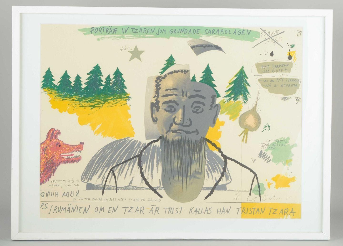 Erik Dietman, Swedish Artist. Lithograph On Paper Titled “Tzar Tristan”. photo furniture