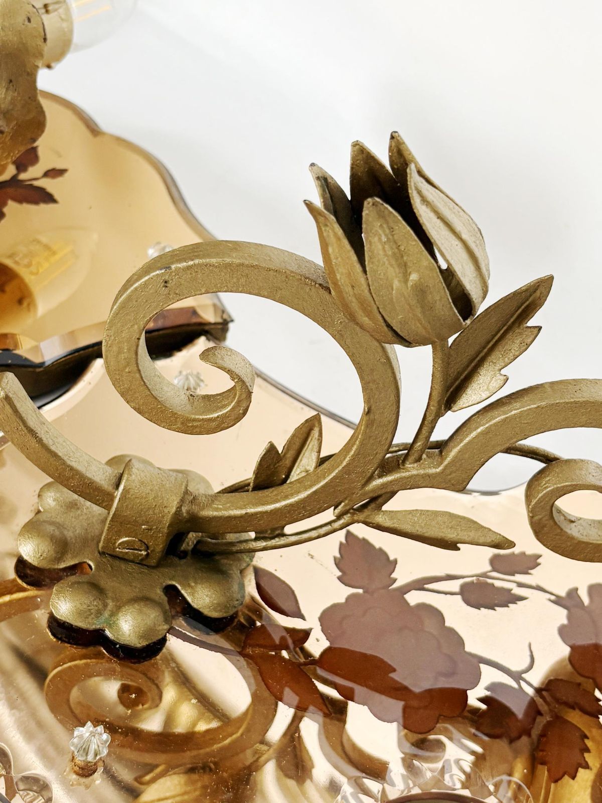 Pair Of Art Deco Wall Sconces In Patinated Gold Metal And Glass, France, 1950 photo vinterior