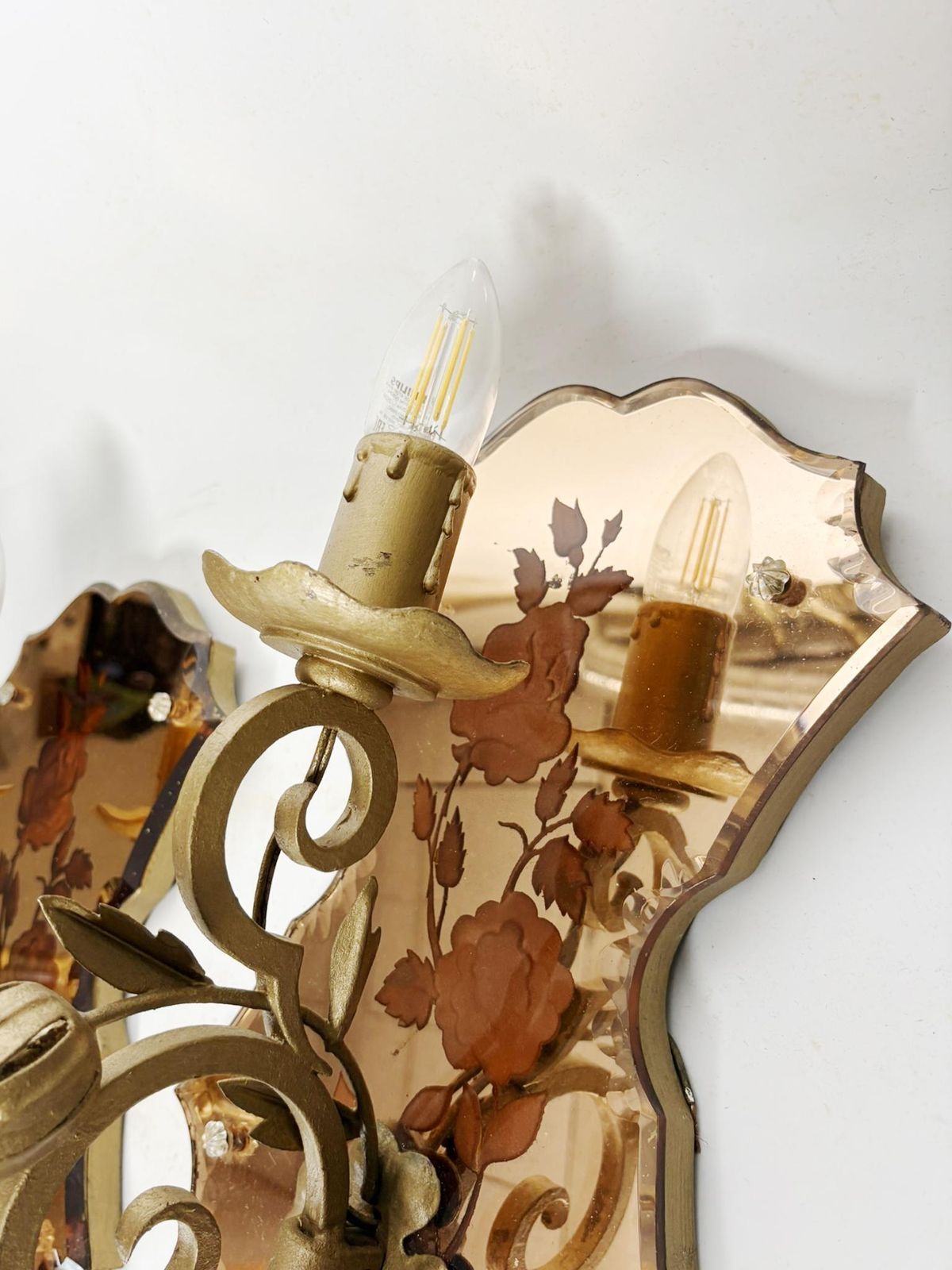 Home Decor Pair Of Art Deco Wall Sconces In Patinated Gold Metal And Glass, France, 1950 photo