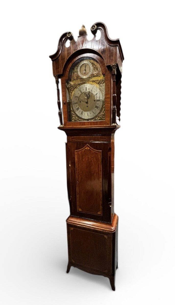 Antique Marquetry Inlaid 3 Weight Musical Longcase Clock, Brass Dial, Superb. photo furniture