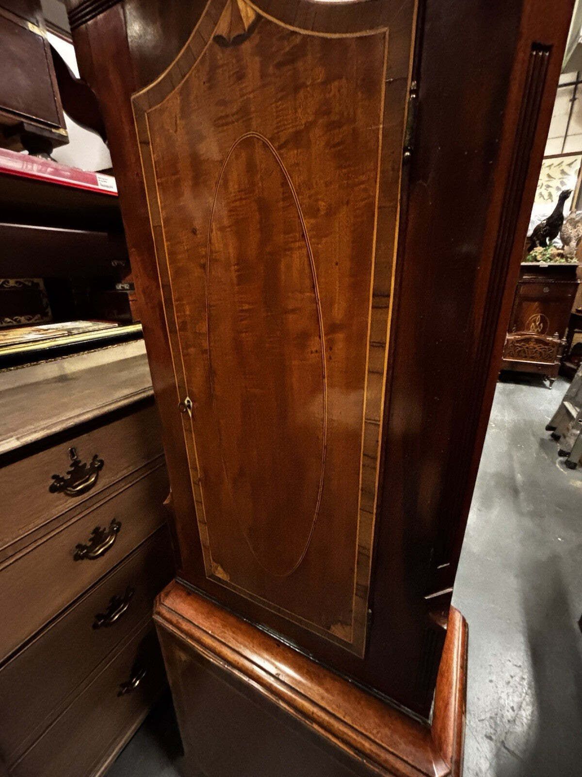 photo furniture Antique Marquetry Inlaid 3 Weight Musical Longcase Clock, Brass Dial, Superb.
