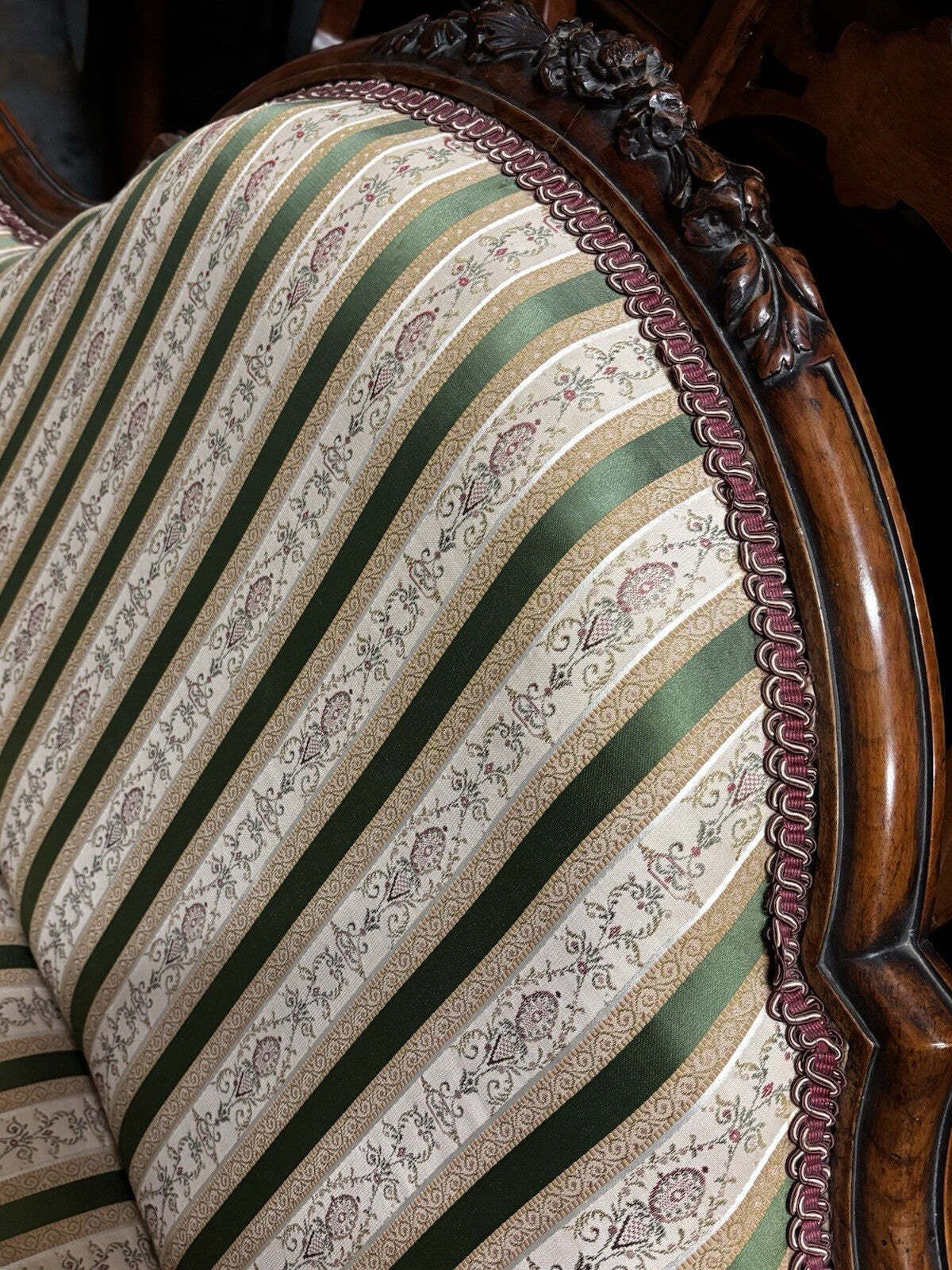Victorian Walnut Framed Sofa, Cabriole Legs, White Castors photo vinterior