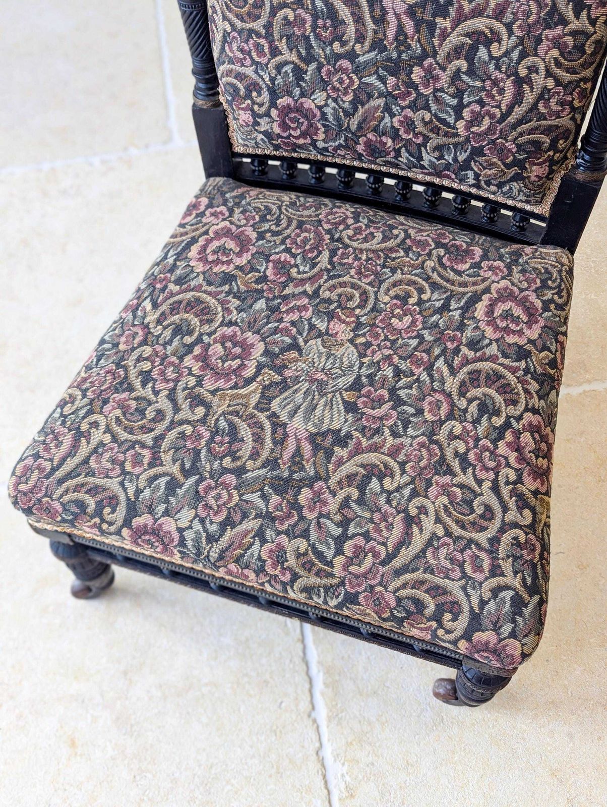 Antique Victorian Ebonised Upholstered Low Chair C.1890 photo vintage