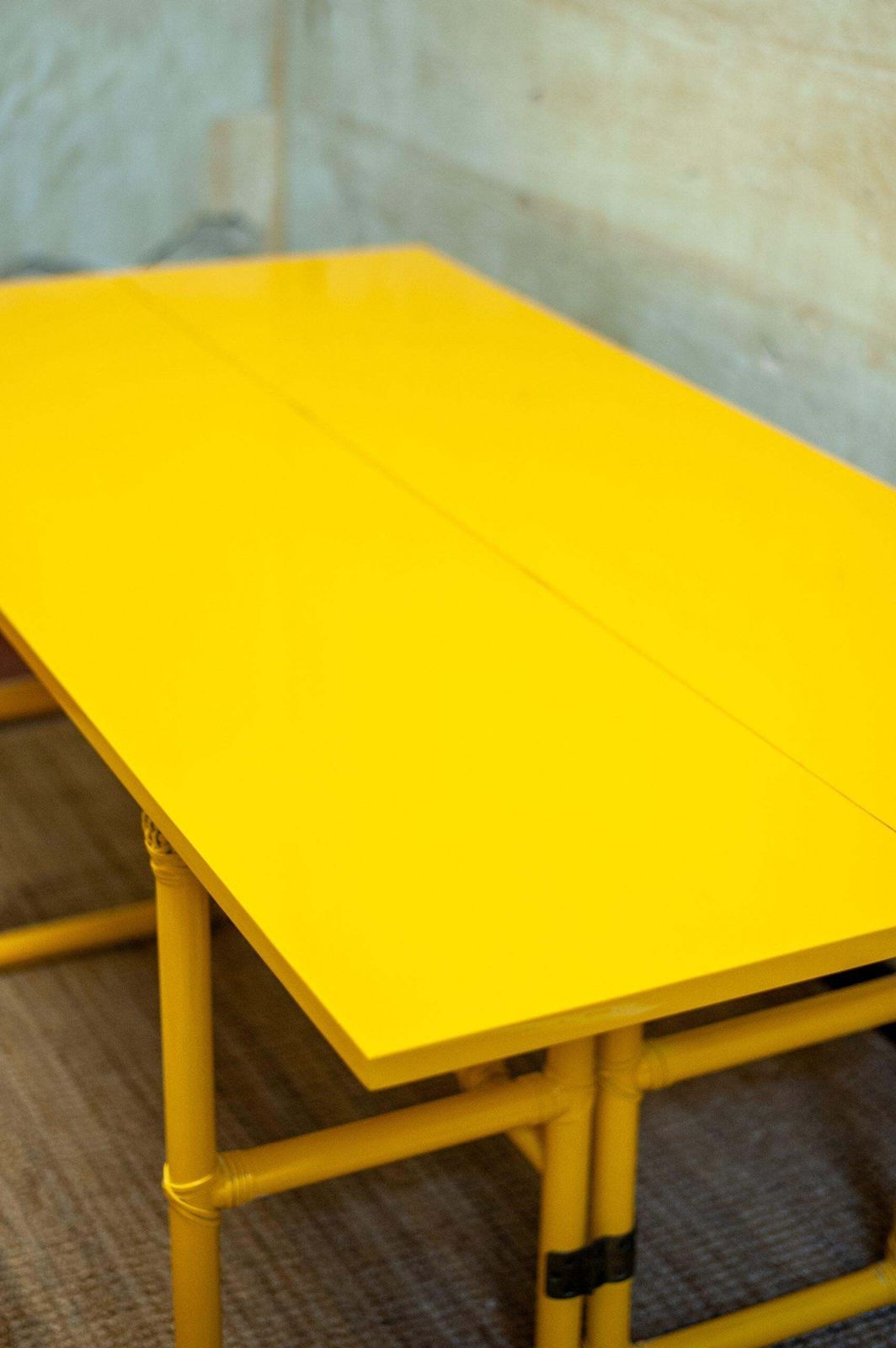 Yellow Lacquered Console With Flip Top Surface From Mcguire San Francisco, 1970s photo vintage