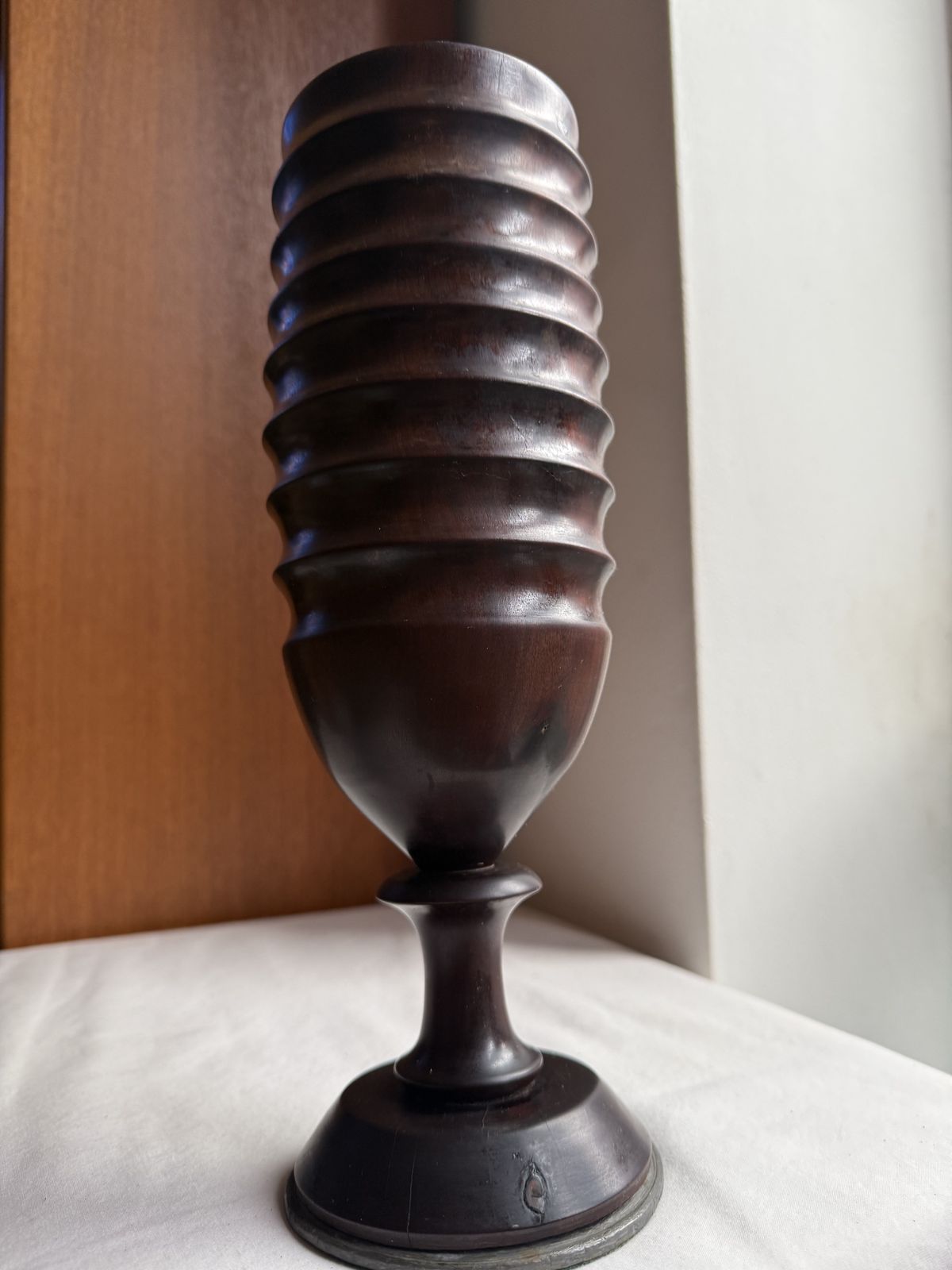 Vintage Ebonised Wood Pedestal Ribbed Vase photo vinterior