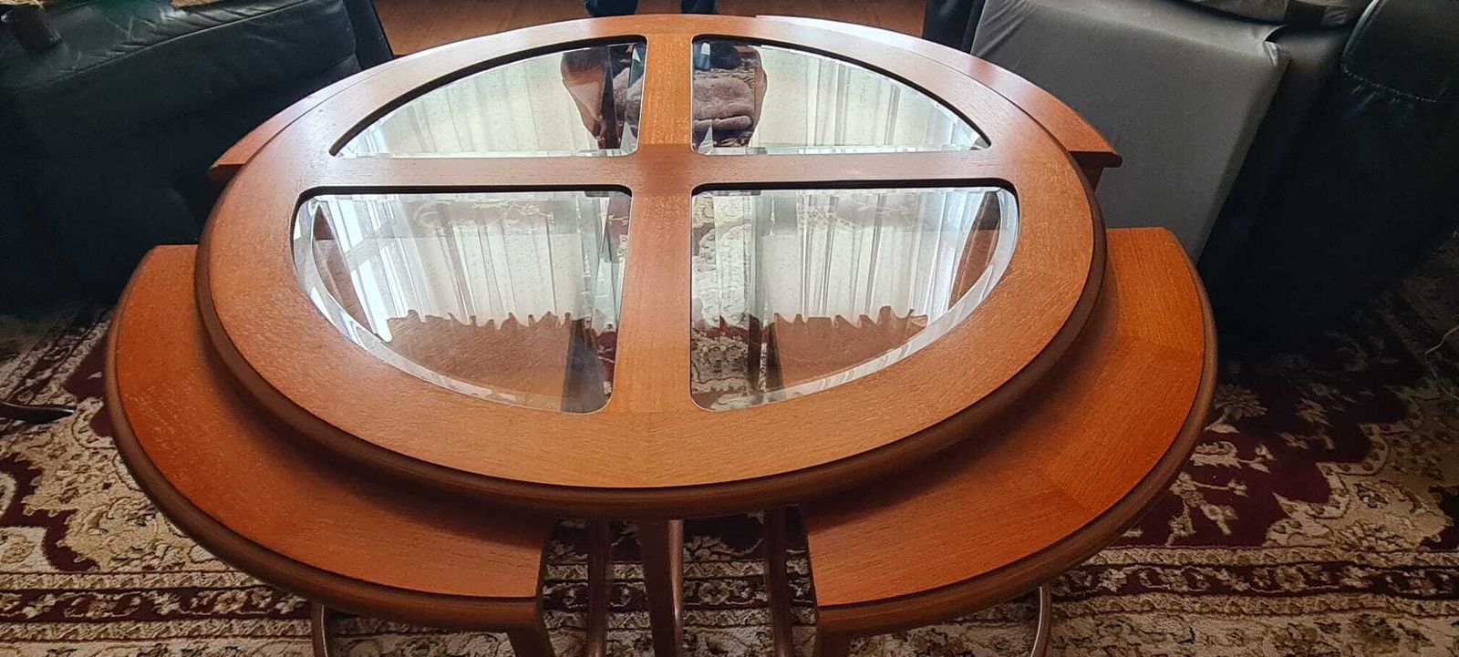 Vintage 1970s G Plan.Roundtea Coffee Table With Glass Insert With Under Quadrant Tables photo furniture