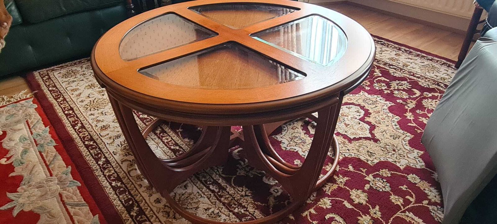 Vintage 1970s G Plan.Roundtea Coffee Table With Glass Insert With Under Quadrant Tables