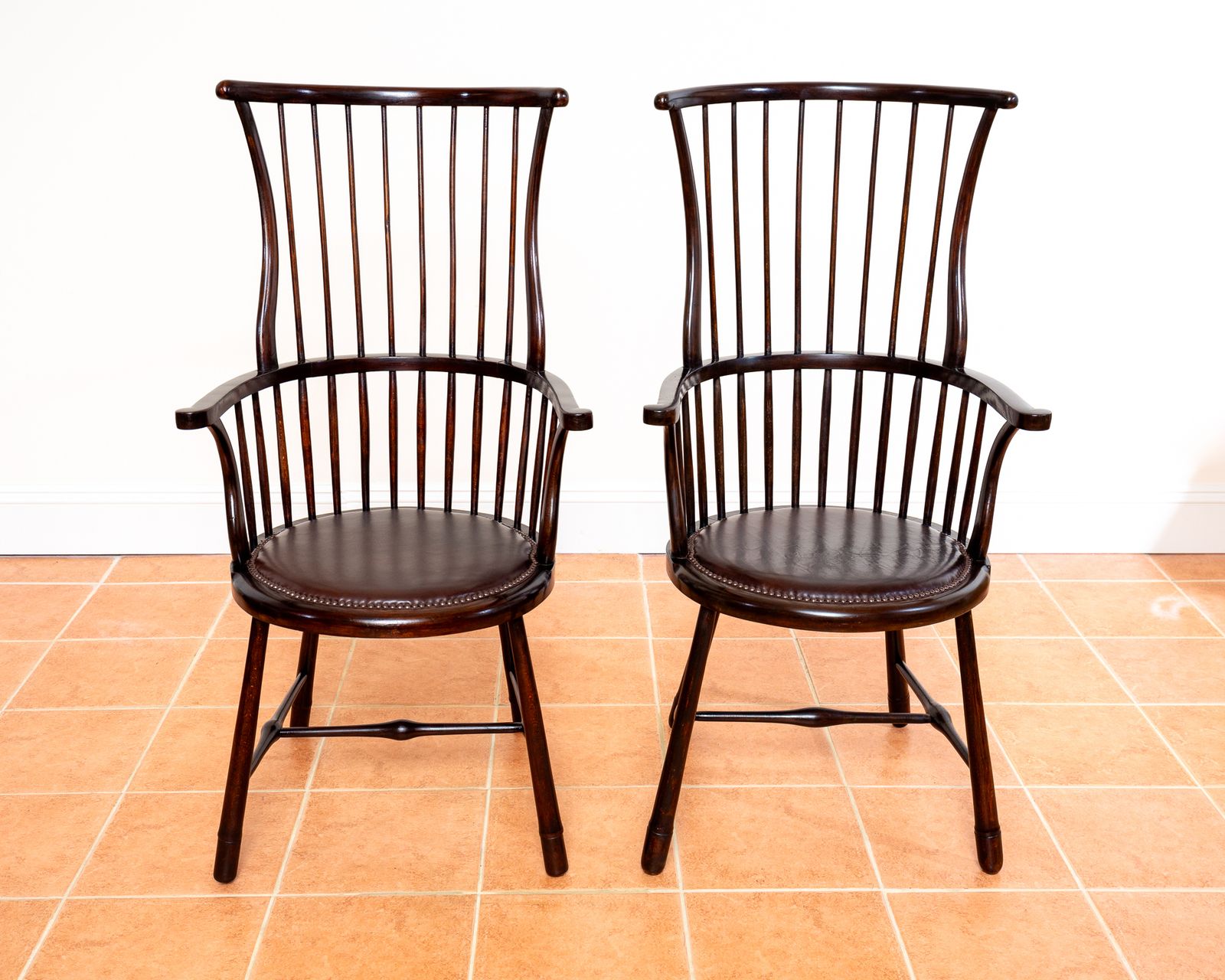 photo buy Pair Of Liberty Windsor Chairs Arts And Crafts Shawl Back Fan Back A.Ntique Art Nouveau Aesthetic Movement 1900s Leather Armchairs Country House