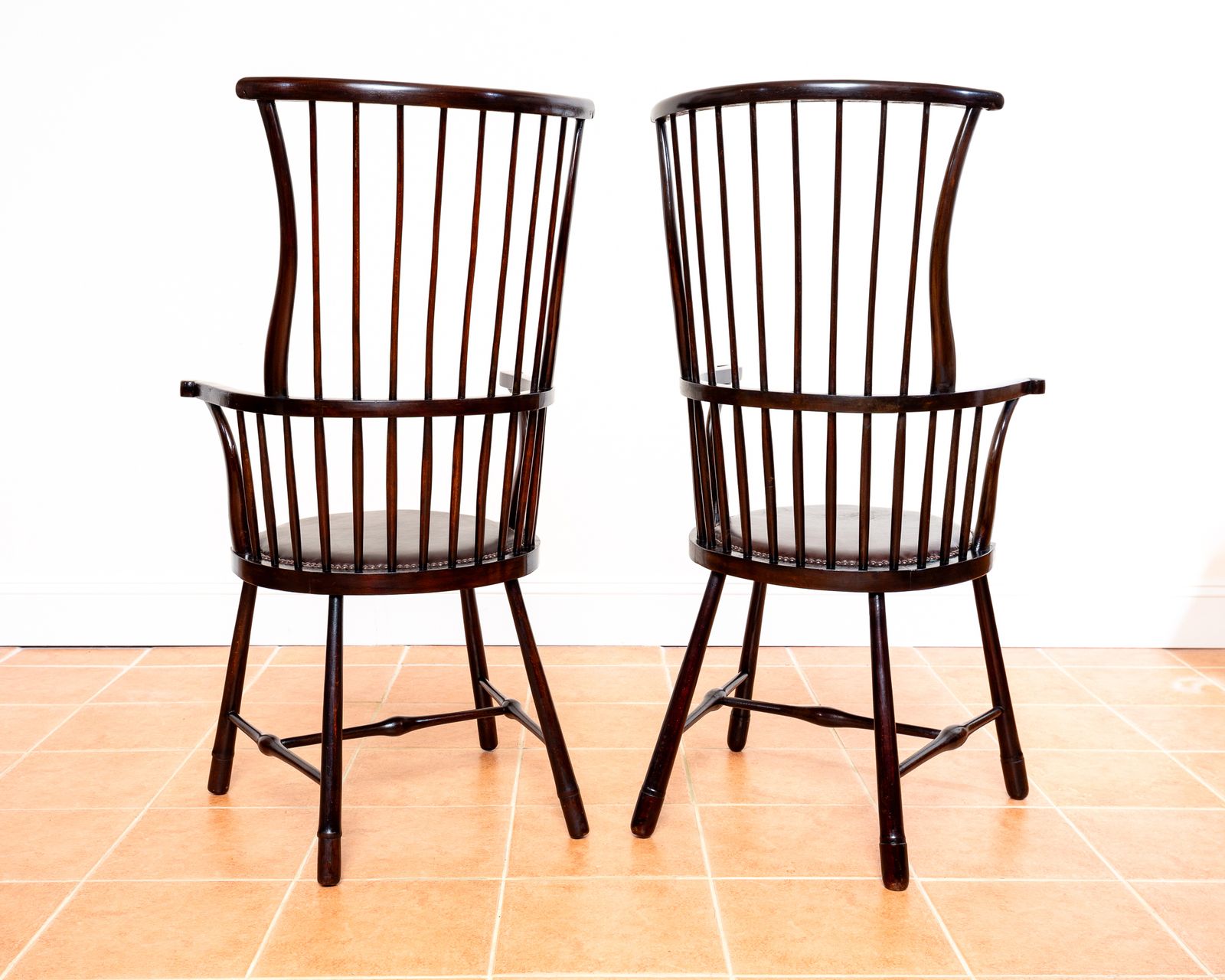 Furniture Pair Of Liberty Windsor Chairs Arts And Crafts Shawl Back Fan Back A.Ntique Art Nouveau Aesthetic Movement 1900s Leather Armchairs Country House photo