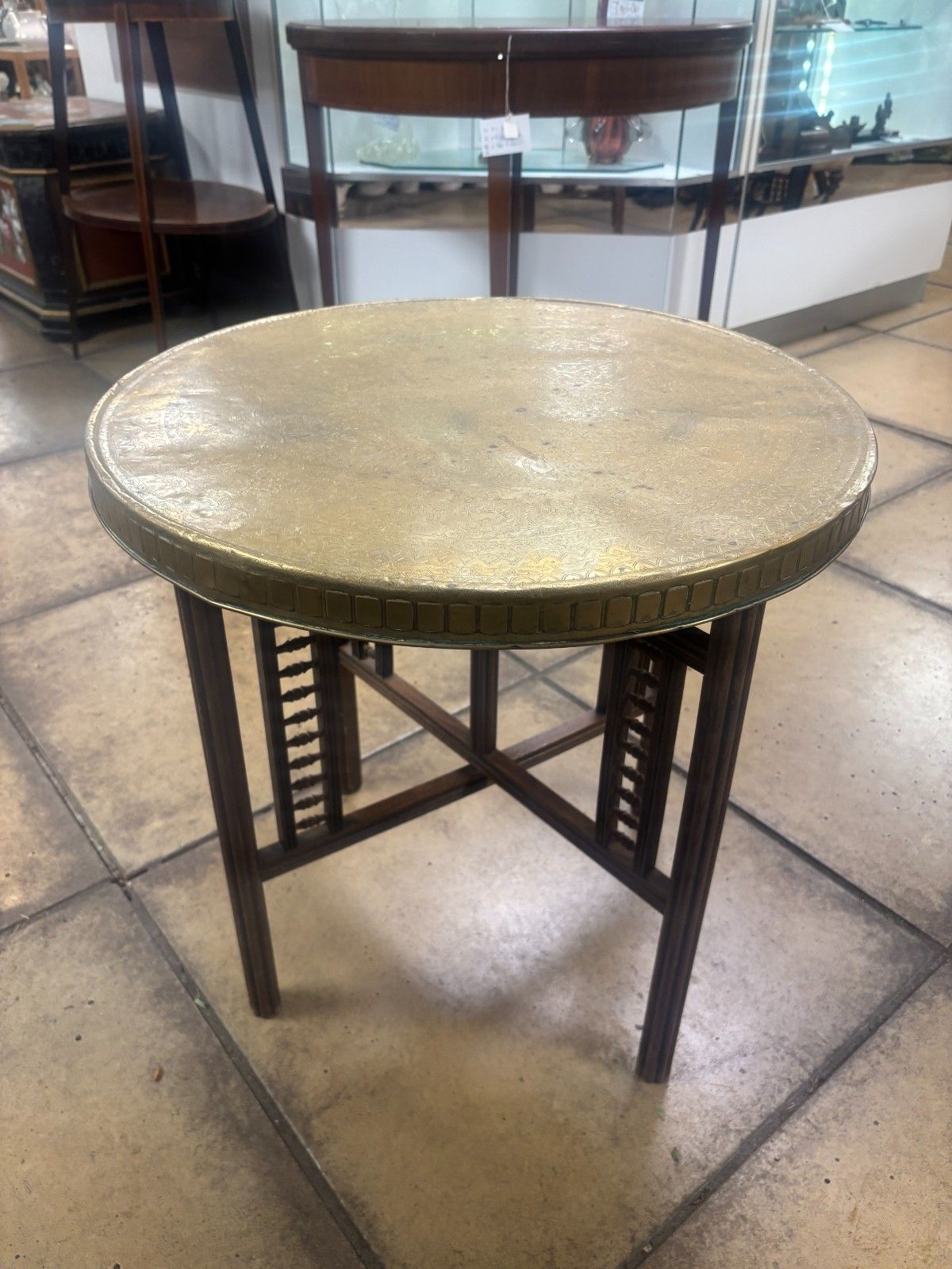 Vintage Benares Brass Tray & Wooden Legs Folding Coffee/ Side Table photo Furniture