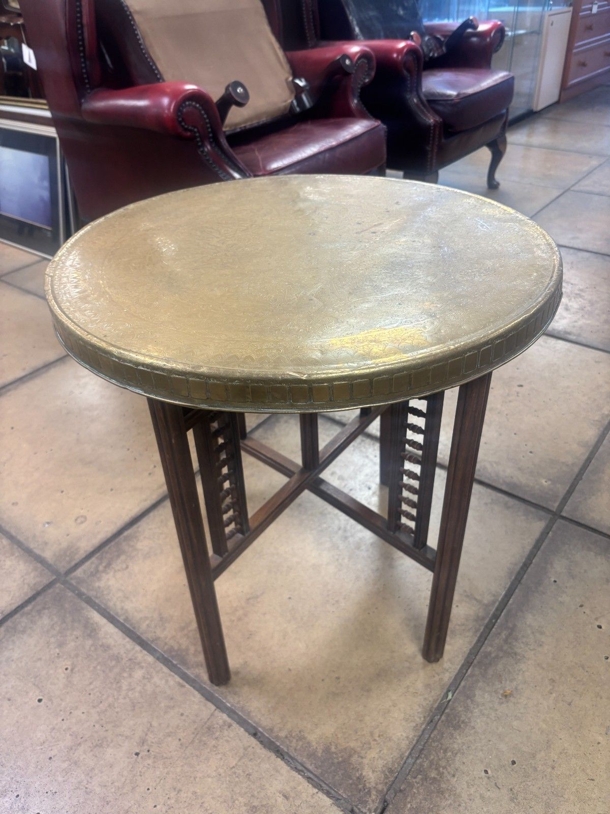 Vintage Benares Brass Tray & Wooden Legs Folding Coffee/ Side Table photo vinterior