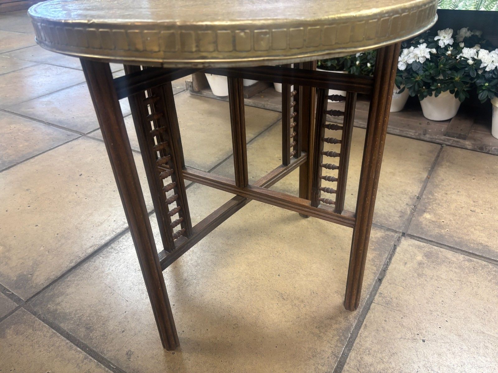 photo vinterior Vintage Benares Brass Tray & Wooden Legs Folding Coffee/ Side Table