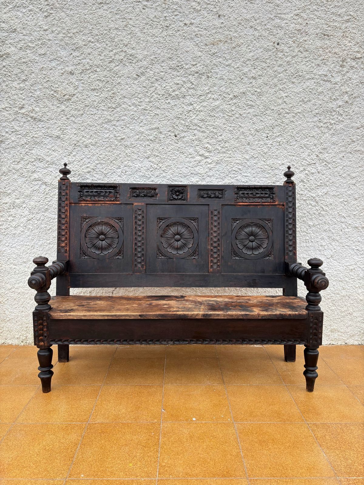 Spanish Renaissance Revival Carved Wooden Bench, Early 20th Century photo furniture