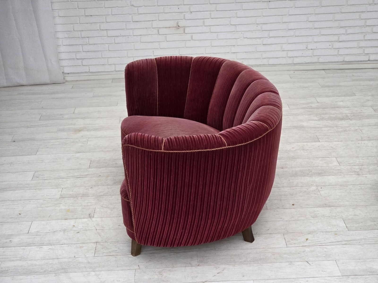photo buy 1960s, Danish 2 Seater "Banana" Sofa, Red Furniture Velour, Oak Wood.