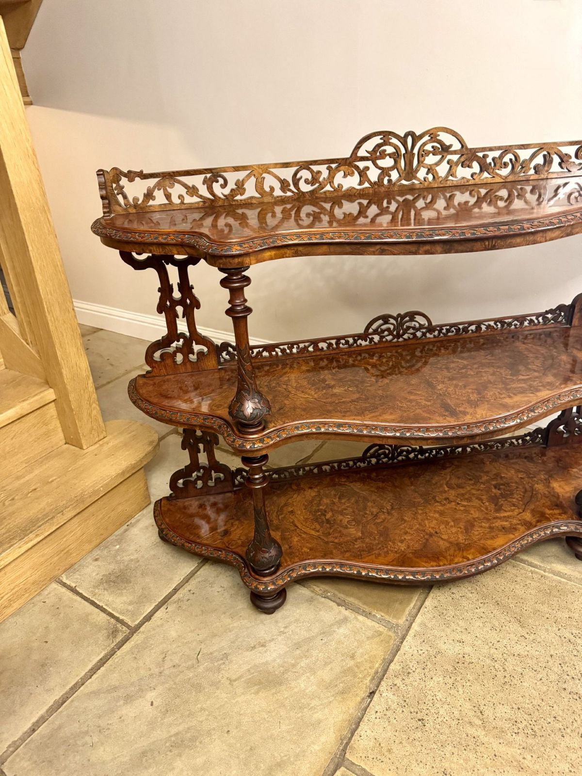 Fine Quality Victorian Figured Walnut Three Tier Whatnot photo for sale