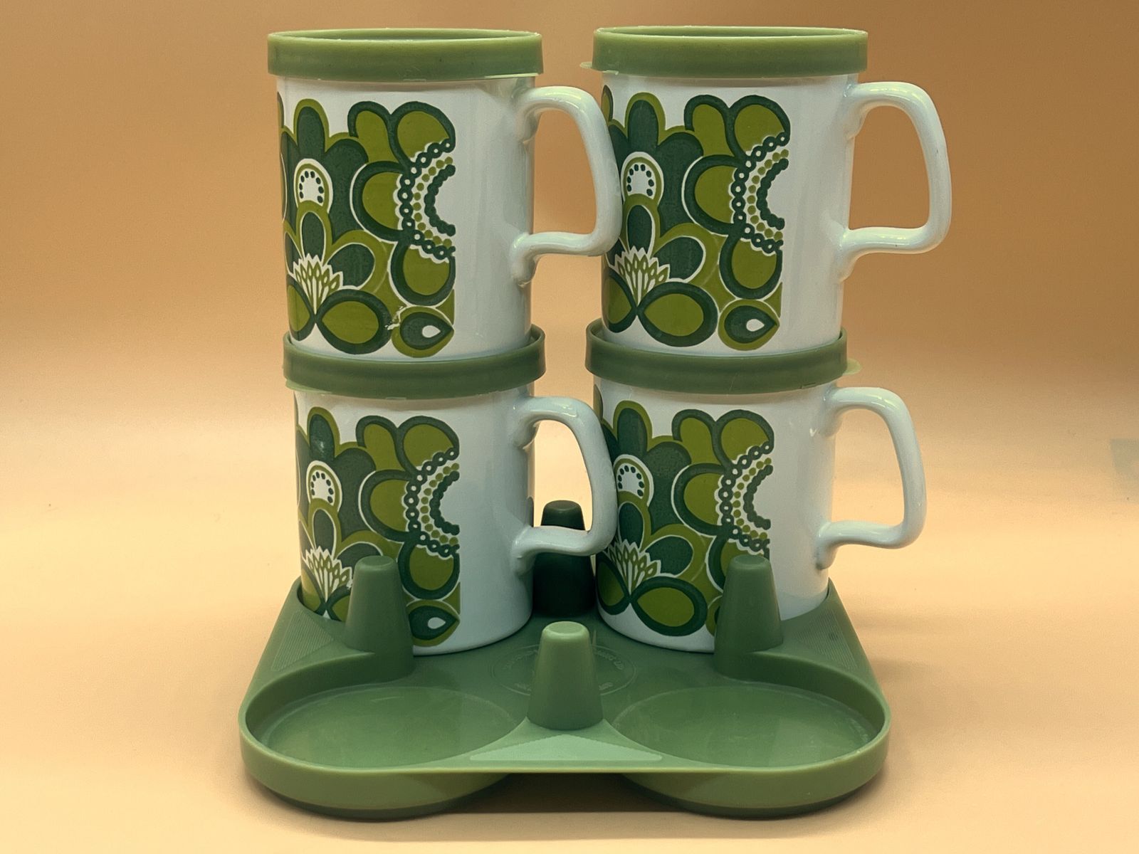 Mid Century Modern Staffordshire Potteries Set Of 4 Mugs, 4 Lids And A Carry Tray. photo for sale