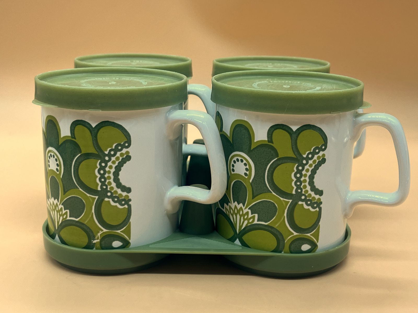 Mid Century Modern Staffordshire Potteries Set Of 4 Mugs, 4 Lids And A Carry Tray. photo vintage