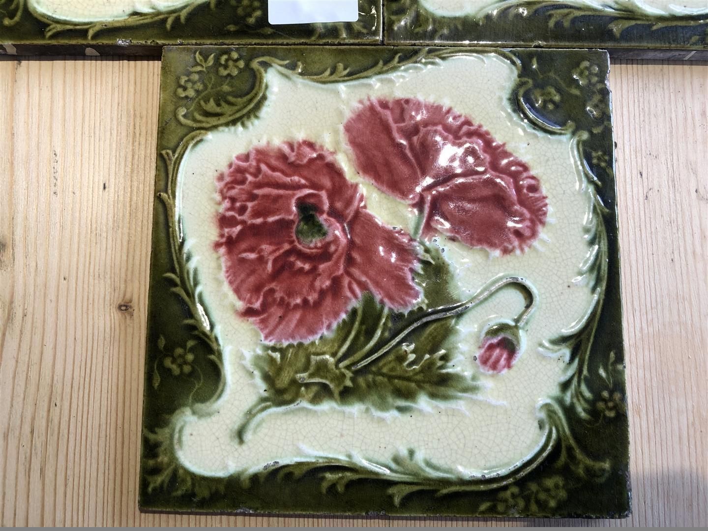 Set Of 5 Antique Ceramic Fireplace Tiles With Embossed Carnation Design 1900s photo for sale