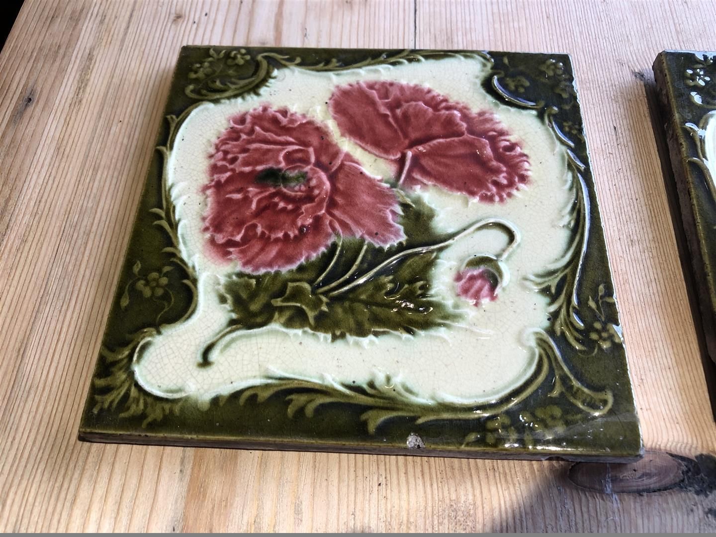 Set Of 5 Antique Ceramic Fireplace Tiles With Embossed Carnation Design 1900s photo vintage