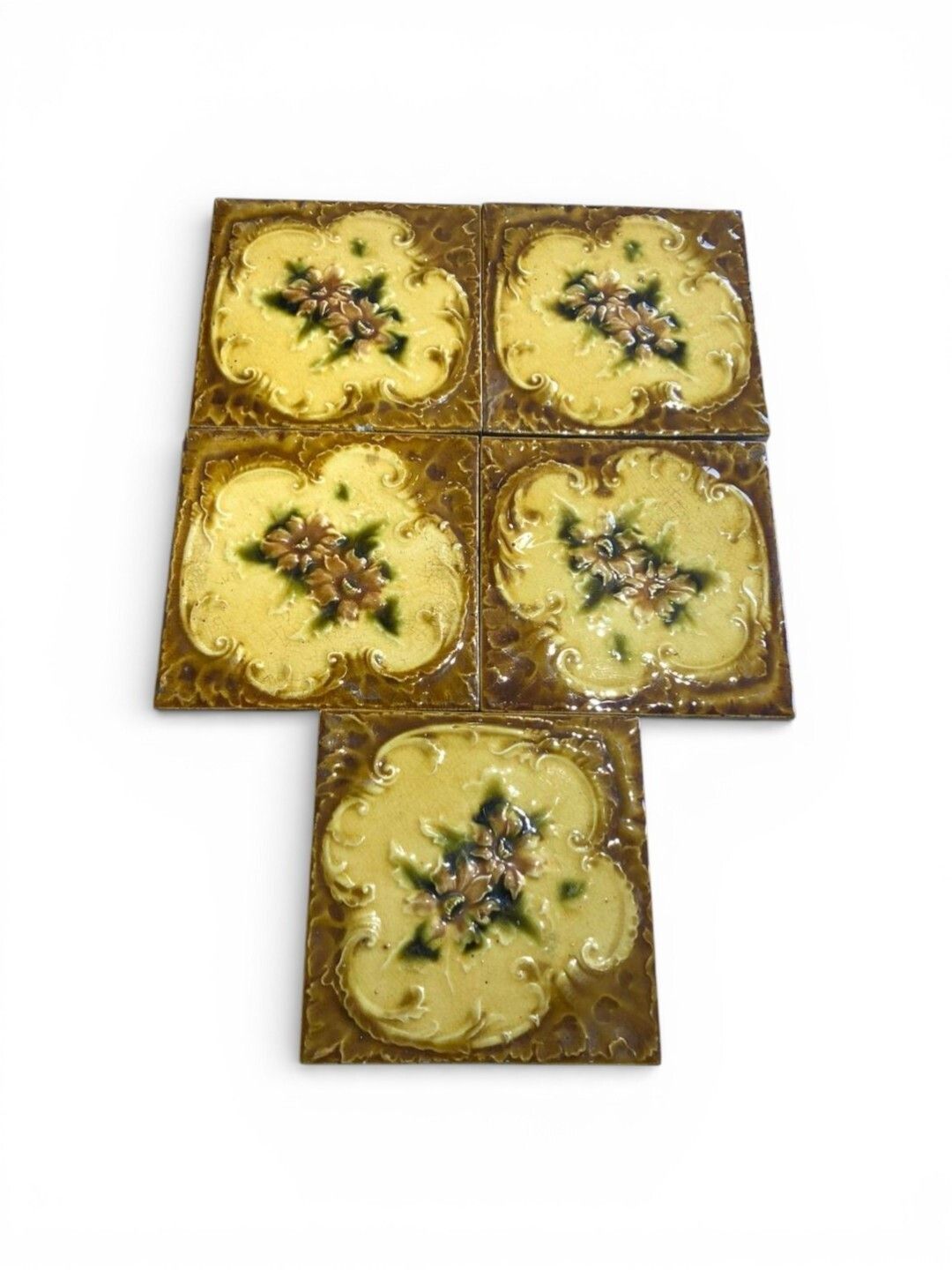 Five Matching Antique Fireplace Tiles With Embossed Flower Design 1900s