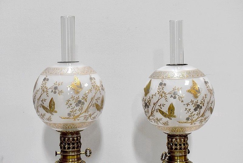 Pair Of Electrified Oil Lamps, 19th photo for sale