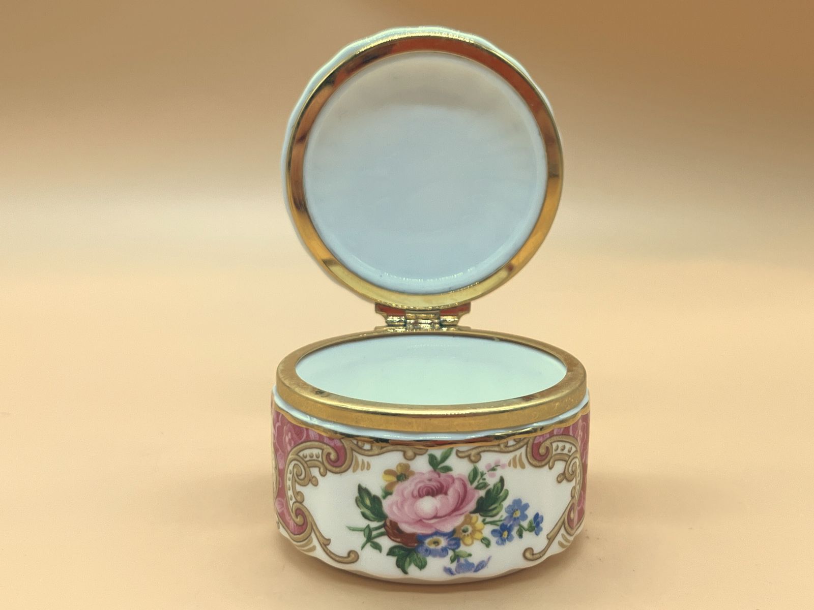 photo for sale Vintage Royal Albert China Lady Carlyle Vanity Set. Perfume Atomizer, 2 Hinged Trinket Boxes & A Tray. 1944 Mark.