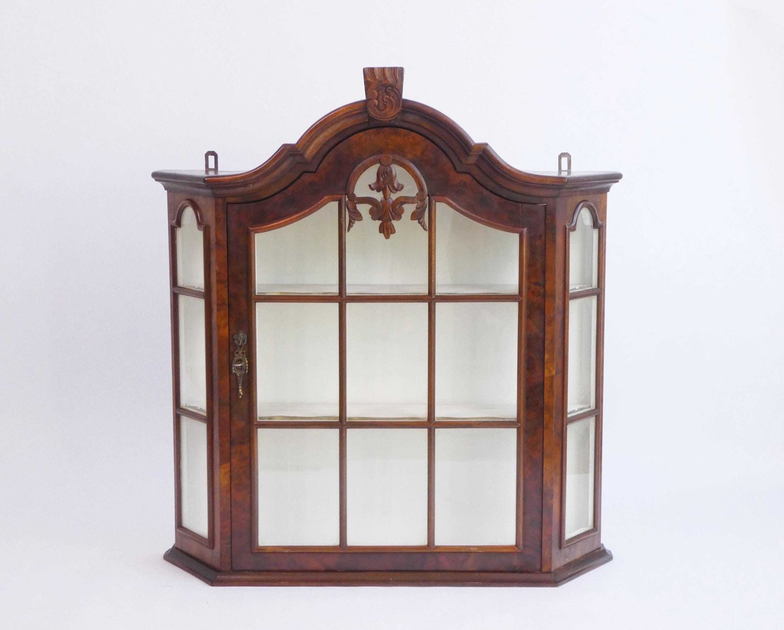 Vintage Wooden Wall Display With Ornament And White Shelves, Cabinet With Lock, Glass Medicine Apothecary Storage photo furniture