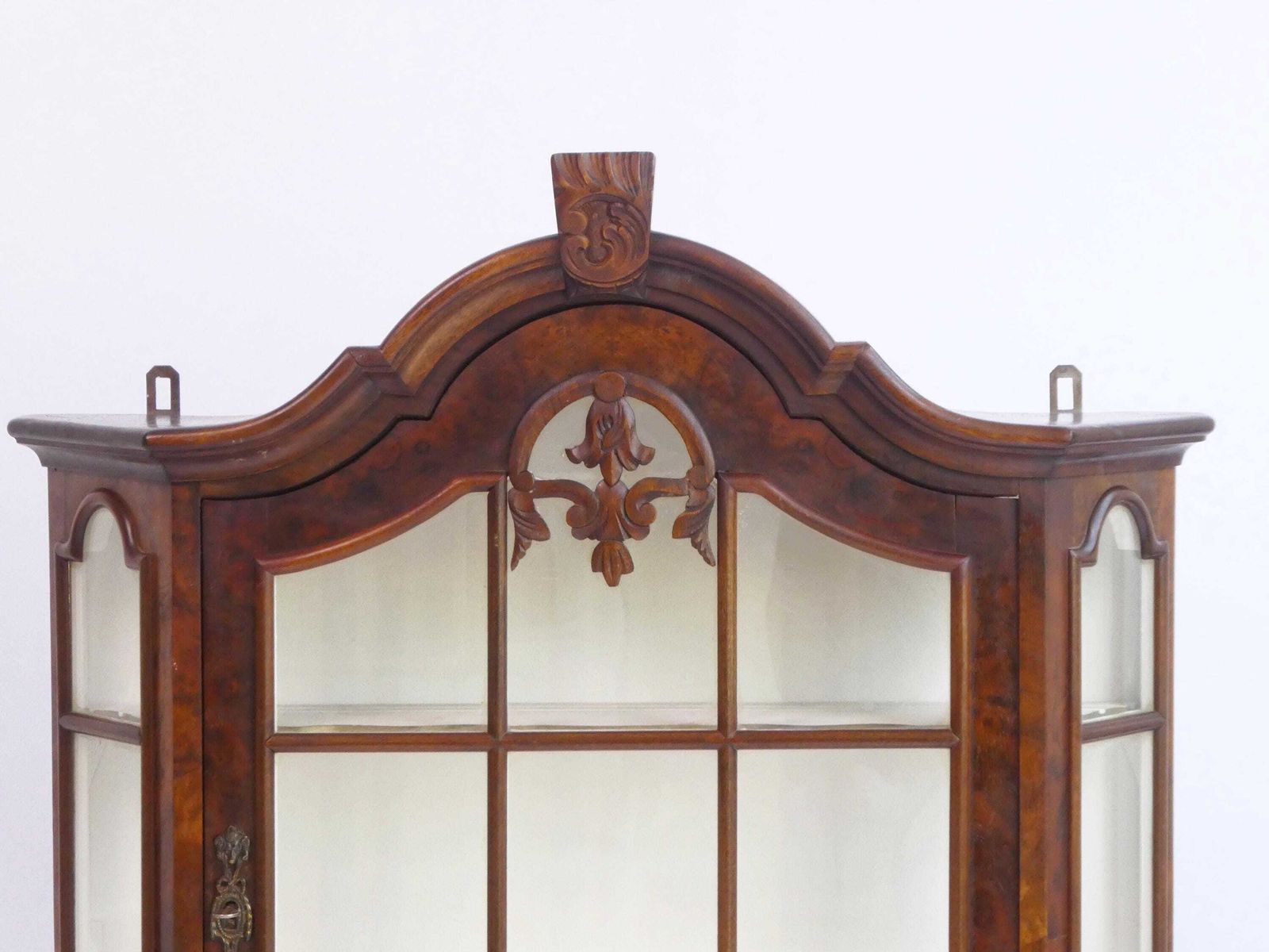 Vintage Wooden Wall Display With Ornament And White Shelves, Cabinet With Lock, Glass Medicine Apothecary Storage photo Furniture