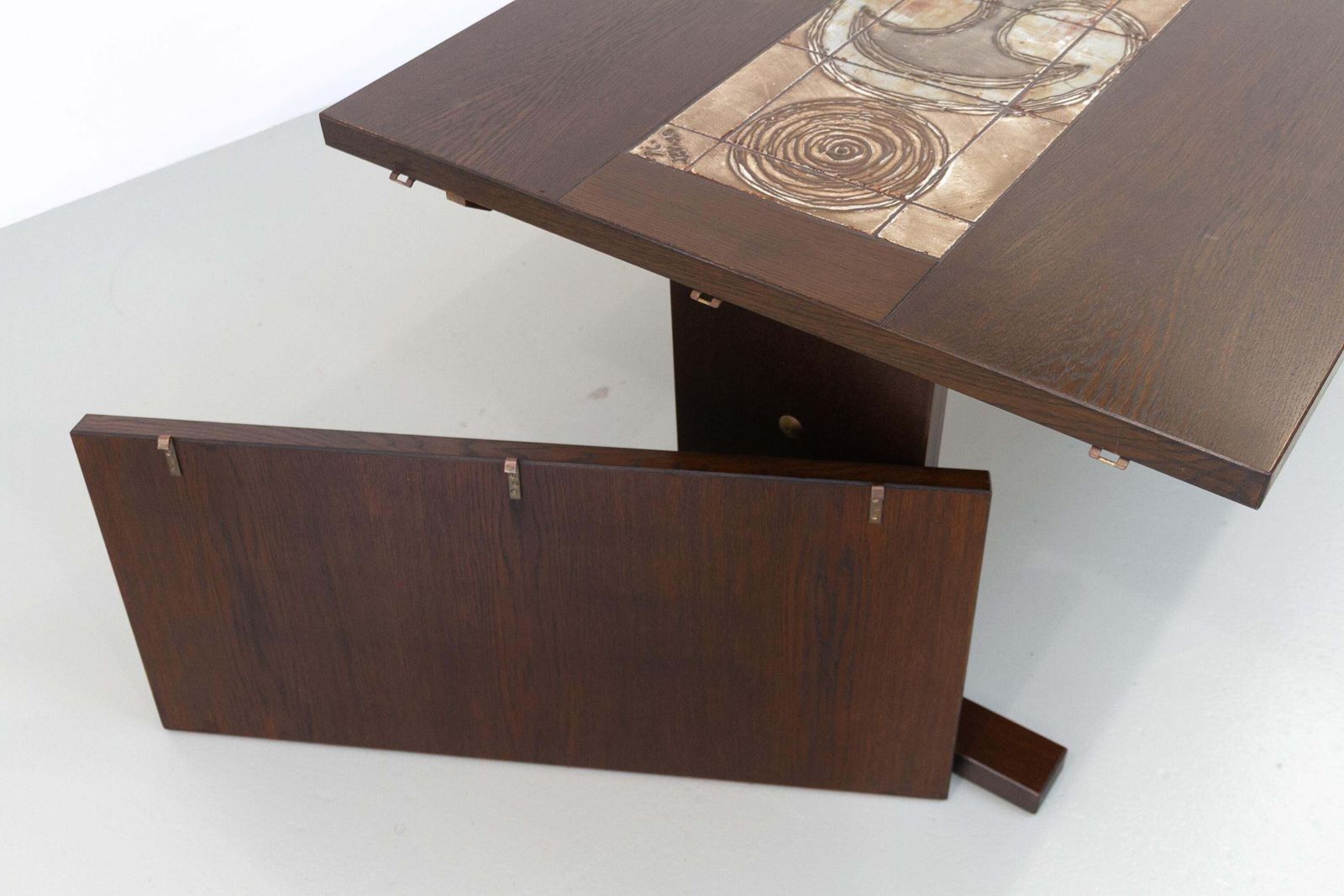 Furniture Danish Brutalist Oak Drop Leaf Dining Table With Ox Art Tiles By Gangso, 1970s. photo